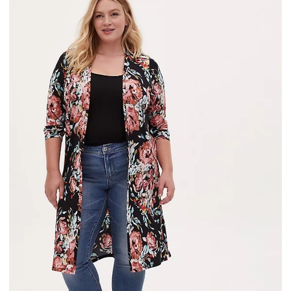 torrid Sweaters - Torrid Black Floral Studio Knit Open Front Longline Cardigan long sleeve C2
